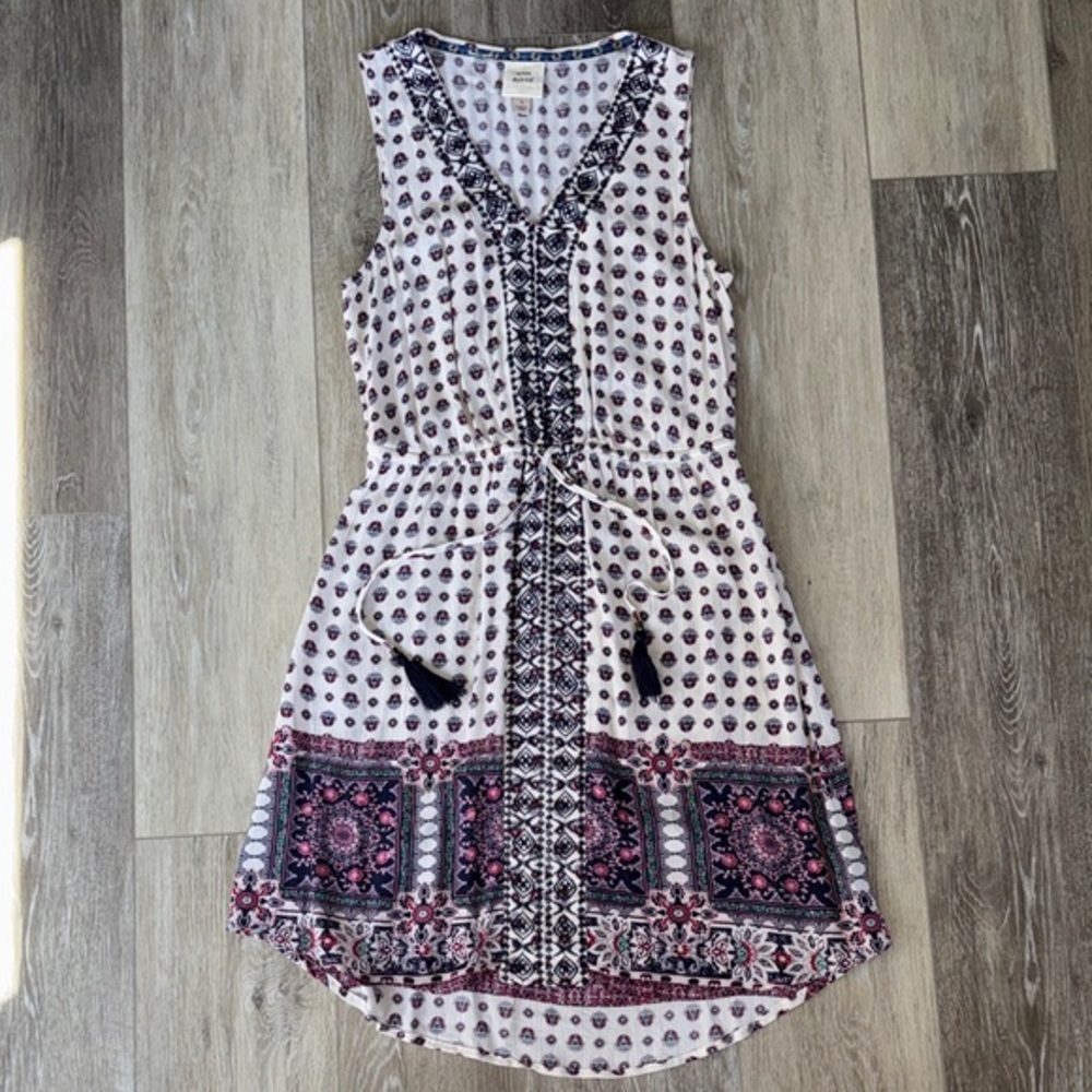 Knox Rose White Midi Dress with Pink & Navy Border Print NWOT